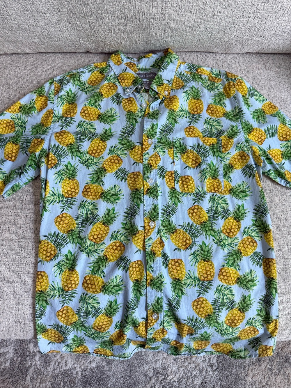 Falls Creek Pineapple Print Short-Sleeve Button-Down Shirt - Light Blue & Yellow